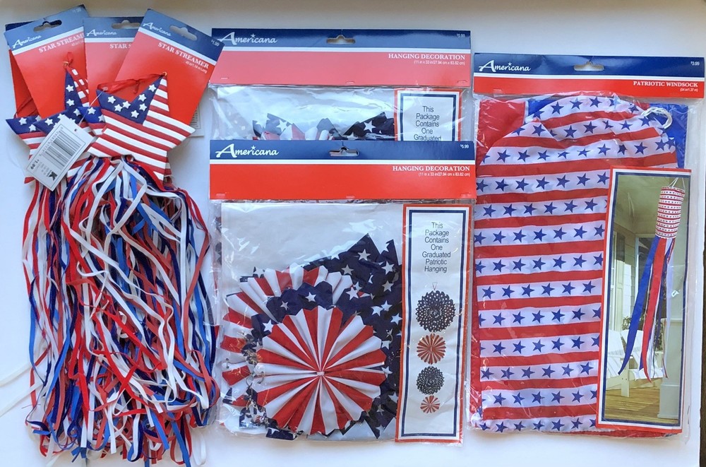Vtg Lot Americana Patriotic Decorations Hanging Windsock Streamer Kmart NOS