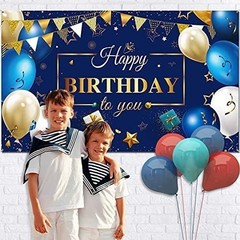 Happy Birthday Backdrop Banner Navy Blue Gold Party Decoration 72.8 x 43.3 Inch