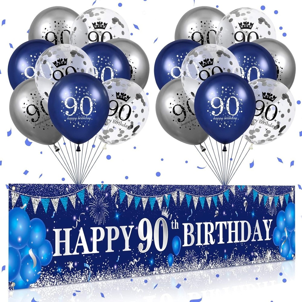 Blue 90Th Birthday Decorations for Men Women Navy Blue Silver Happy 90Th Birthd
