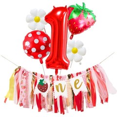 1st Birthday Party Kit, Strawberry Daisy Balloons, Banner, Red