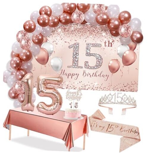 15th Birthday Decorations – Rose Gold Arch, Banner, Tablecloth, rose gold 15th