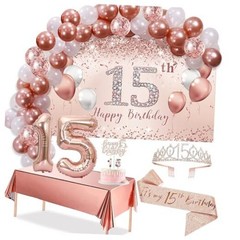 15th Birthday Decorations – Rose Gold Arch, Banner, Tablecloth, rose gold 15th