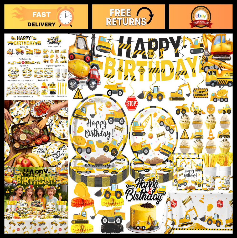 Construction Birthday Party Supplies Set – Plates, Napkins, Cups, Banner & More