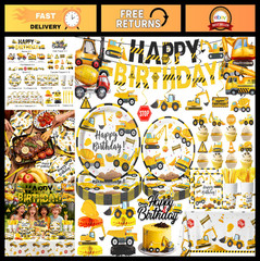 Construction Birthday Party Supplies Set – Plates, Napkins, Cups, Banner & More