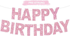Pre-Strung Glitter Pink Happy Birthday Banner Party Sign Decor | NO Diy,Happy Ha