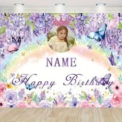 1pc Personalized Purple Flower Butterfly Princess Birthday Poster Tapestry Art ❀