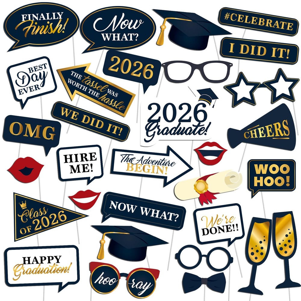 Graduation Photo Booth Props, Blue Black Red Gold Graduation Blue,gold,white