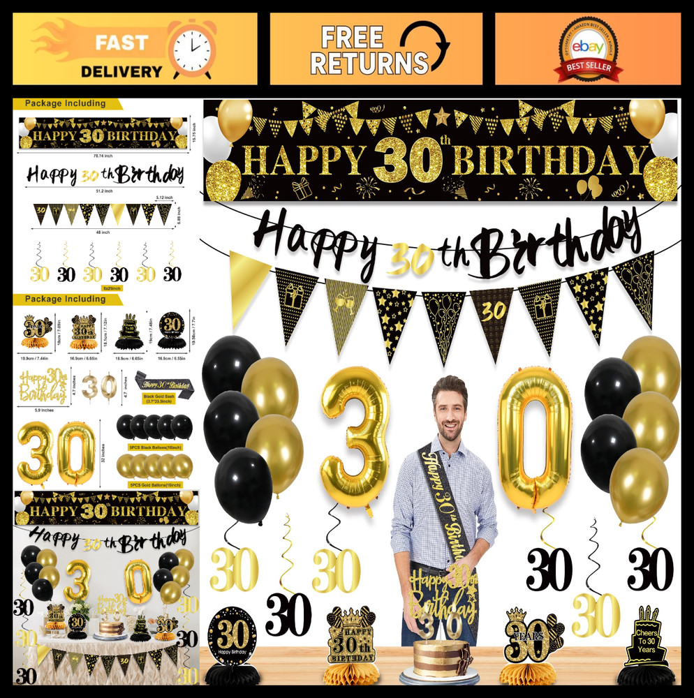 30th Birthday Decorations Set – 27pcs Black Gold Party Supplies, Banner, Balloon