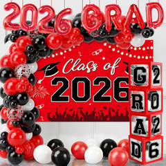 Graduation Decorations 2026, Red Black Graduation Party Decorations 123Pcs Ballo