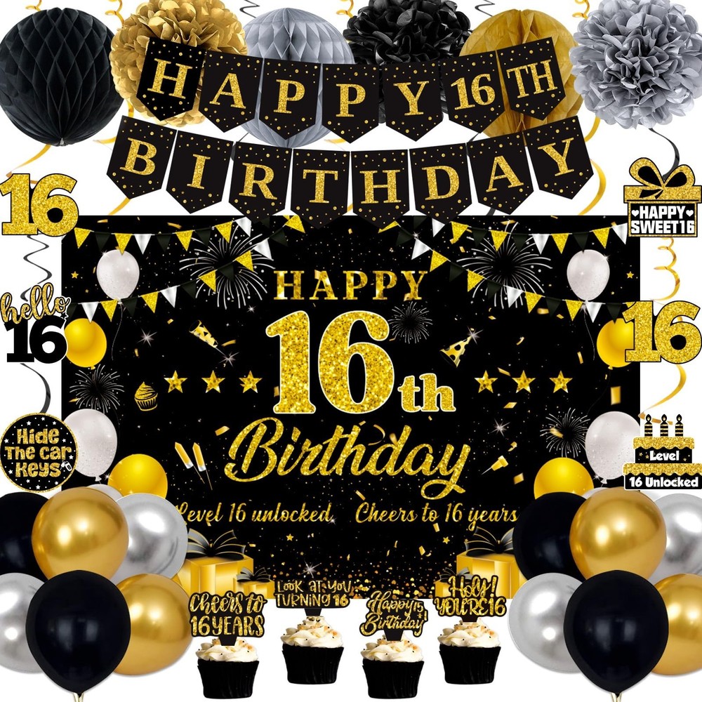 16th Birthday Decorations for Boys Girls, Black Gold Happy 16th Birthday Part…