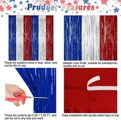 2 Pack Patriotic Blue Silver Red Foil Curtain Streamers | Vibrant 3.28 x 7.05 FT