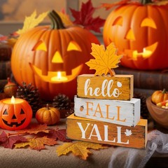 4Pcs Hello Fall Wooden Tiered Tray Decor Maple Leaf Autumn Decorations Home Gift