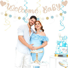 Light-Dusty Blue Boho Baby Shower Party-Decorations – 21Pcs Beige Champagne Boy