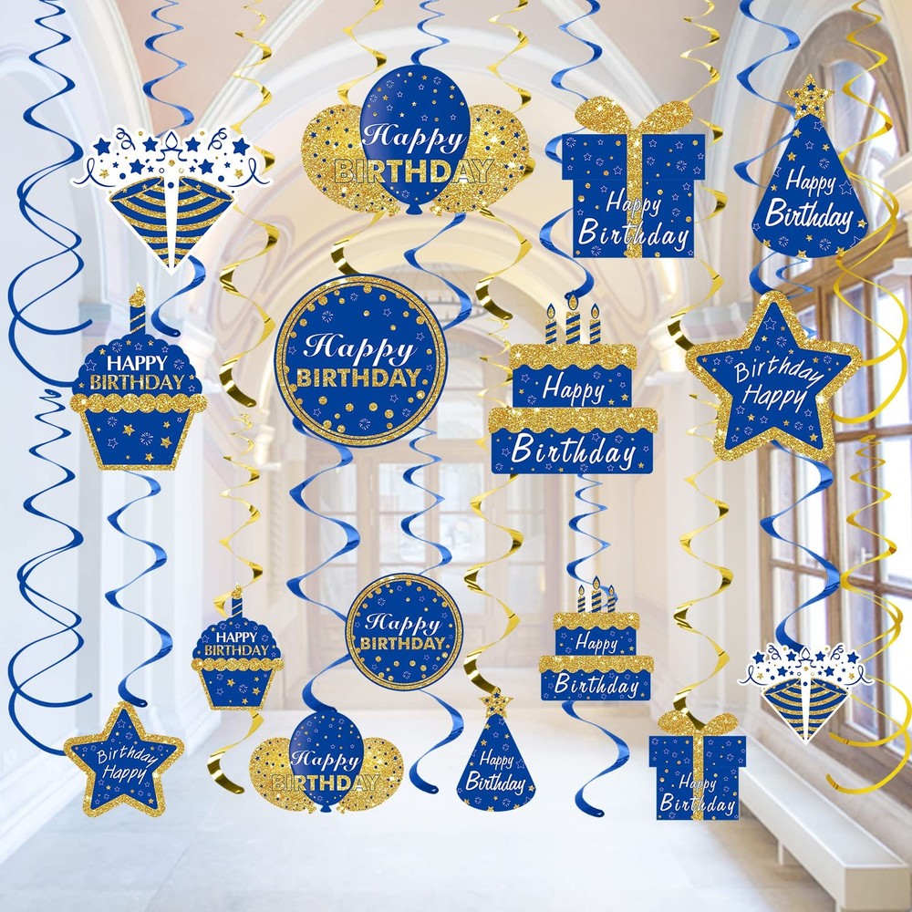 Blue Gold Birthday Hanging Swirls Decorations for Men Women, Happy Birthday F…