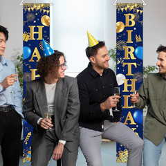 Happy Birthday Door Banner Navy Blue and Gold Birthday Decorations for Men Women