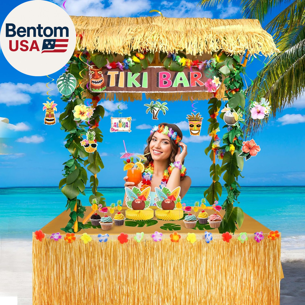 Abundant Tiki Bar Hut Kit, Portable Outdoor Tiki Bar Decor with Hawaiian Leis, H