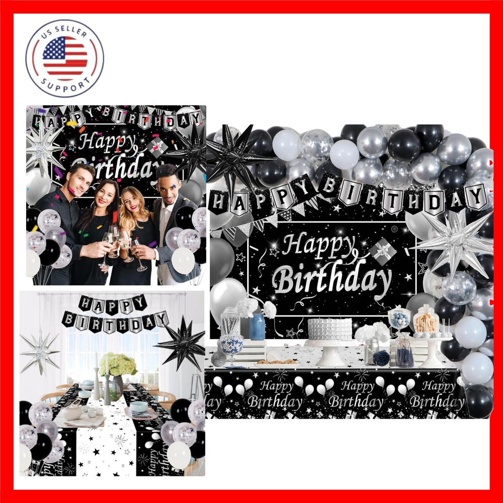 Silver and Black Birthday Decorations for Men Women Boys Girls 80 PCS White B…