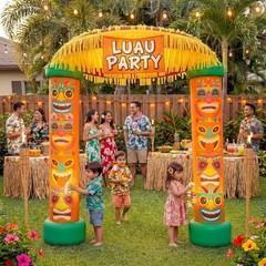 Colorful 8.5 FT Self-Inflating Tiki Decoration with LED Lights For Luau Events