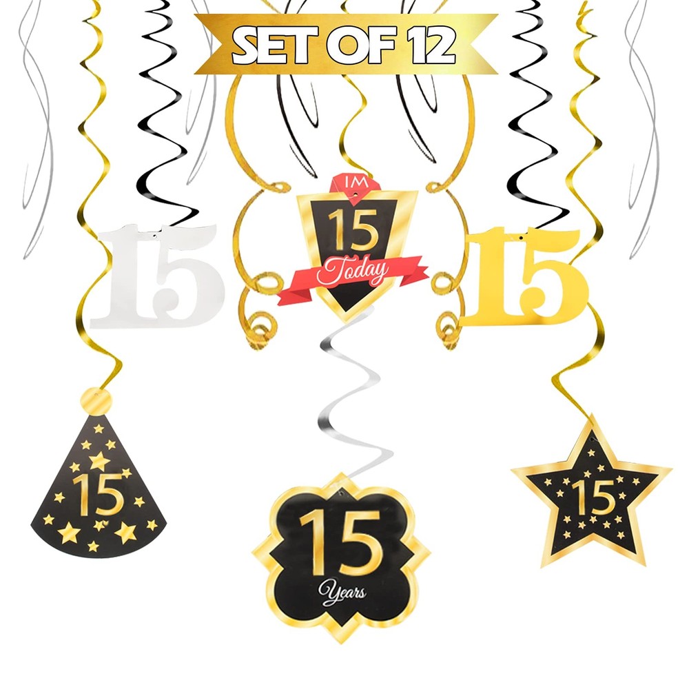12 PCS Happy 15th Birthday Black Gold Foil Hanging Swirls Decorations