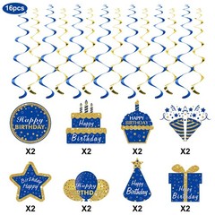 Blue Gold Birthday Hanging Swirls Decorations for Men Women, Happy Birthday F…