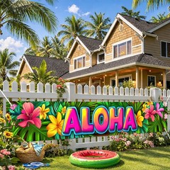 Aloha Backdrop Banner Hello Summer Hawaiian Tropical Theme Supplies Outdoor B…