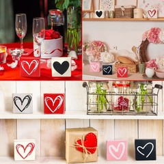 5 PCS Valentine Tiered Tray Decor Double Side Rustic Heart Block Centerpiece