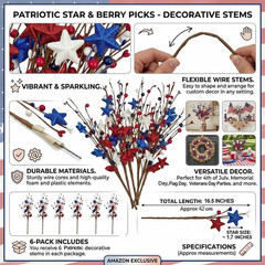 6 Pack Patriotic Berry Stem Picks Glitter Stars Red White Blue 4th July Vase DIY