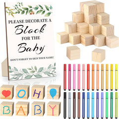 Baby Shower Games Sign Kit with 50 Blank Wooden Baby Blocks, 24 Acrylic Paint Ma