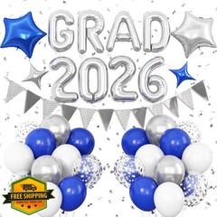 Graduation Decorations 2026 Blue Silver Banner Foil Balloons Class
