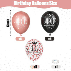 Black Rose Gold Happy 40Th Birthday Balloons, 15 Pieces 40Th Birthday Decoration