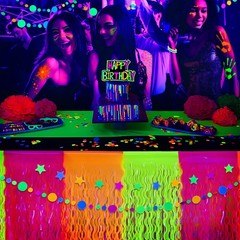 Neon Party Decorations 2 Pack Metallic Tinsel Fringe Table Skirts