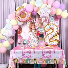 143Pcs Two Sweet Birthday Party Decorations Girls Donut tableware Set Sweet D…