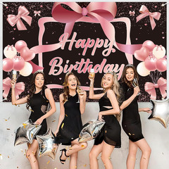 Black Rose Gold Bow Birthday Backdrop,Bow Happy Birthday Banner Decorations for