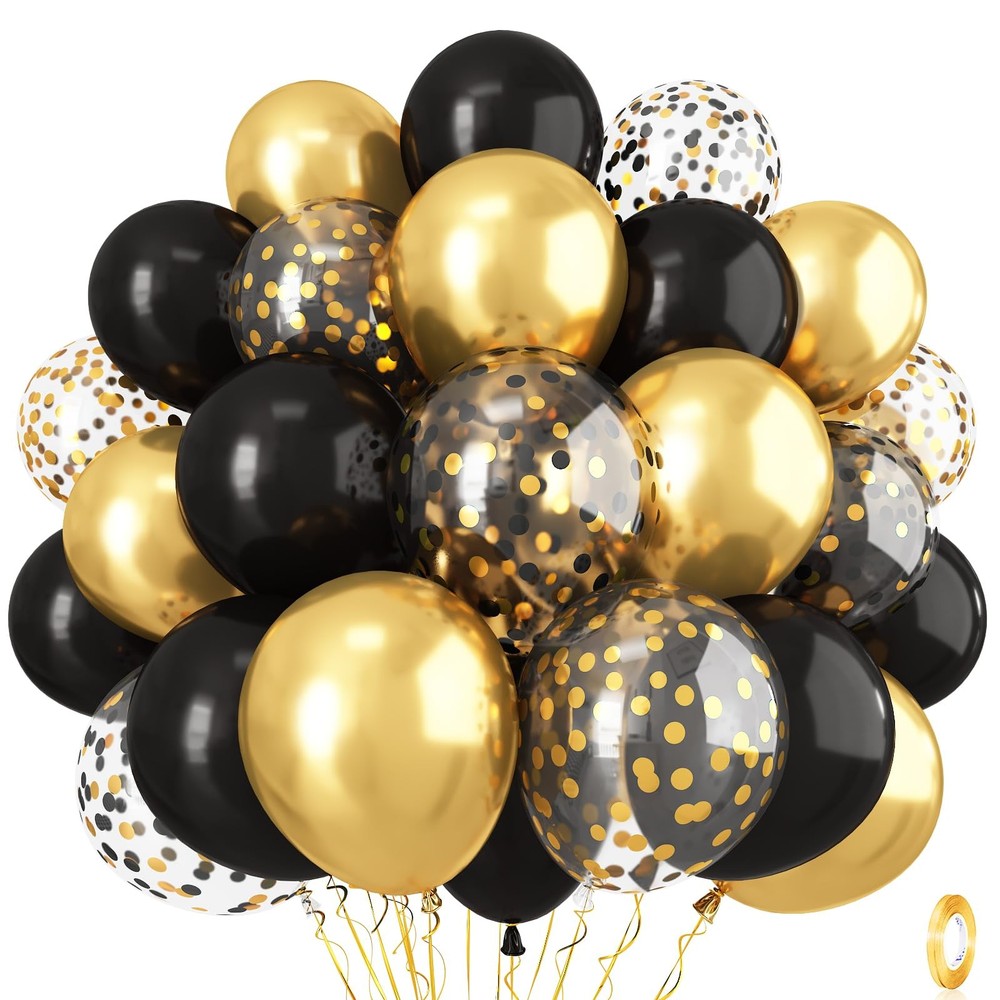 Black and Gold Confetti Balloons, 12 Inch Black Metallic Gold Latex Black Gol…