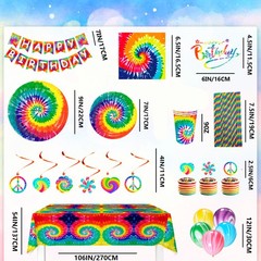 Rainbow Party Decoration Tie Dye Birthday Tableware Balloons Plates Cake Topper