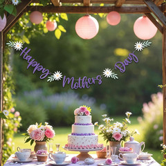 Happy Mothers Day Banner White Flowers Pastel Purple Garland Lavender Letter Sig