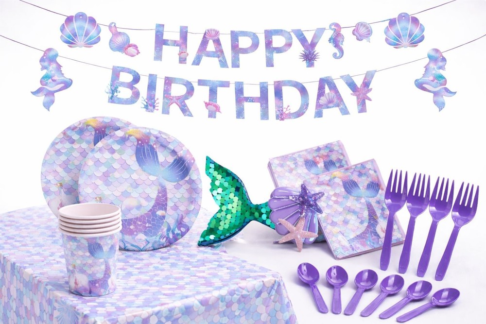 Purple Mermaid Party Decorations Set for Kids Birthday, Banner Plates Cups Napki