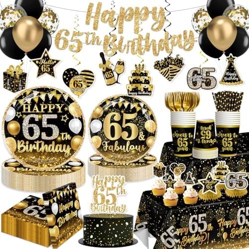 213pcs 65th Birthday Decorations for Men and Women, 350gsm Thick Plates 2 Tablec