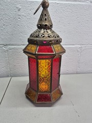 Ramadan Lantern Brass Finish Stained Glass Red Yellow 13″ Moroccan Hanging Lamp