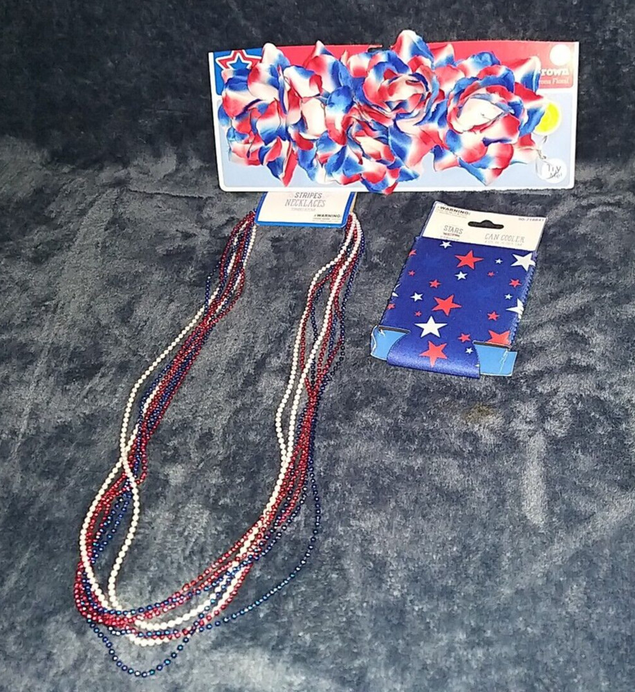 Holiday Patriotic July 4th 1 Set of Neckalece,1 Headband Crown and 1 Can Cooler
