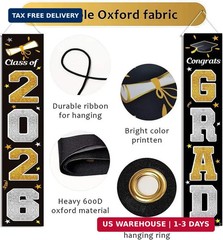 KMUYSL Graduation Decorations Class of 2026, Gold & Black Congrats Grad Banner H