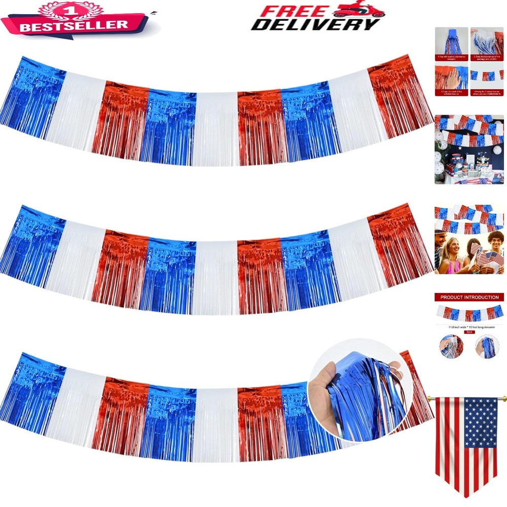 Vibrant 30 Feet Tinsel Fringe Garland – 3 Packs of Red White Blue Party Decor