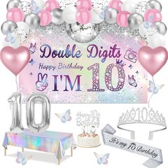 10th Birthday Decorations for Girls,49pcs Silver Dazzle Double Digits Banner,…