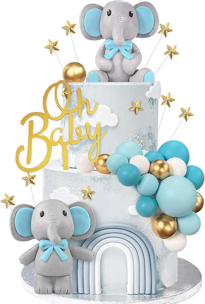 43 PCS Blue Elephant Cake Decoration Cute Baby Elephant Cake Decorations Oh Baby