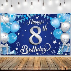 XtraLarge Silver and Blue Happy 8th Birthday Banner – 72×44 Inch | 8th Backdrop