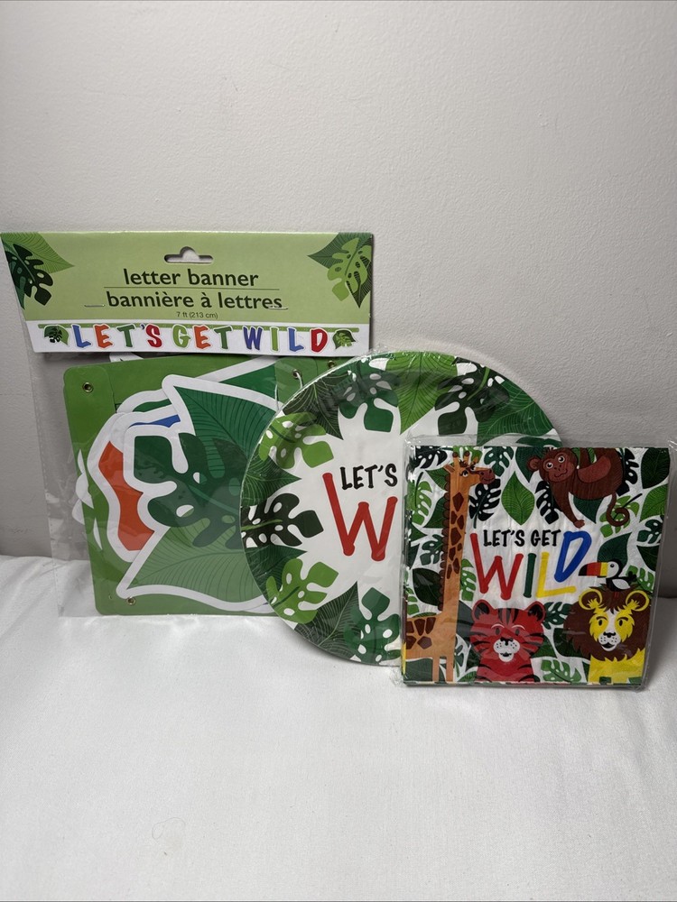 LET’S GET WILD PARTY SUPPLY SET: NAPKINS PLATES BANNER Giraffe Monkey Lion Tiger