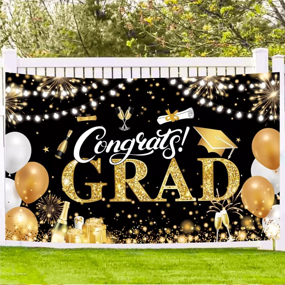 Graduation Banner 2025 Black and Gold – 72.8X43.3 Inch Congrats Grad Backdrop fo
