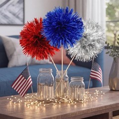 12 Pcs Large 4th of July Fireworks Decorations Patriotic Pom Pom Picks Red Blue