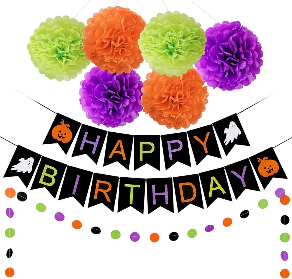 Halloween Theme Happy Birthday Banner Happy Birthday Halloween Banner Pom Poms
