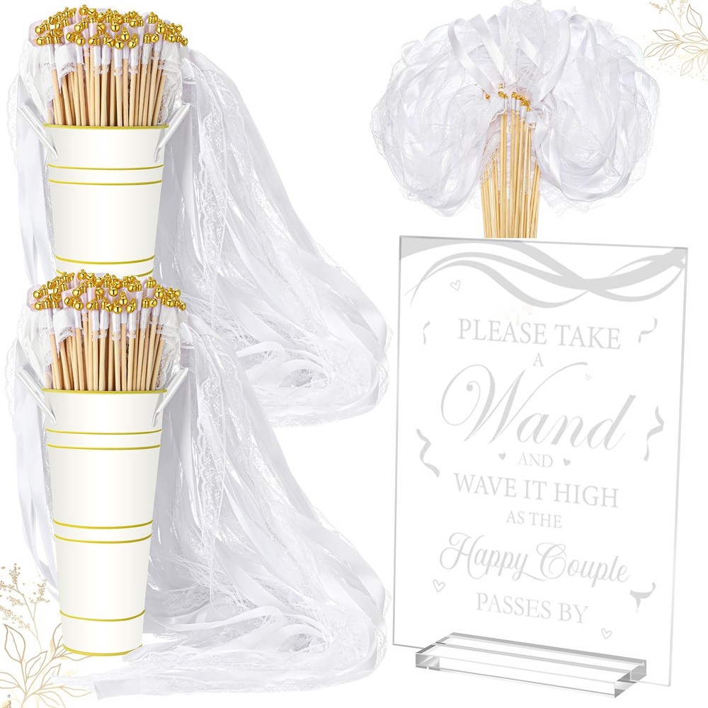 Reallnaive 103 Pcs Wedding Ribbon Stick Wand with Metal Buckets and Acrylic S…